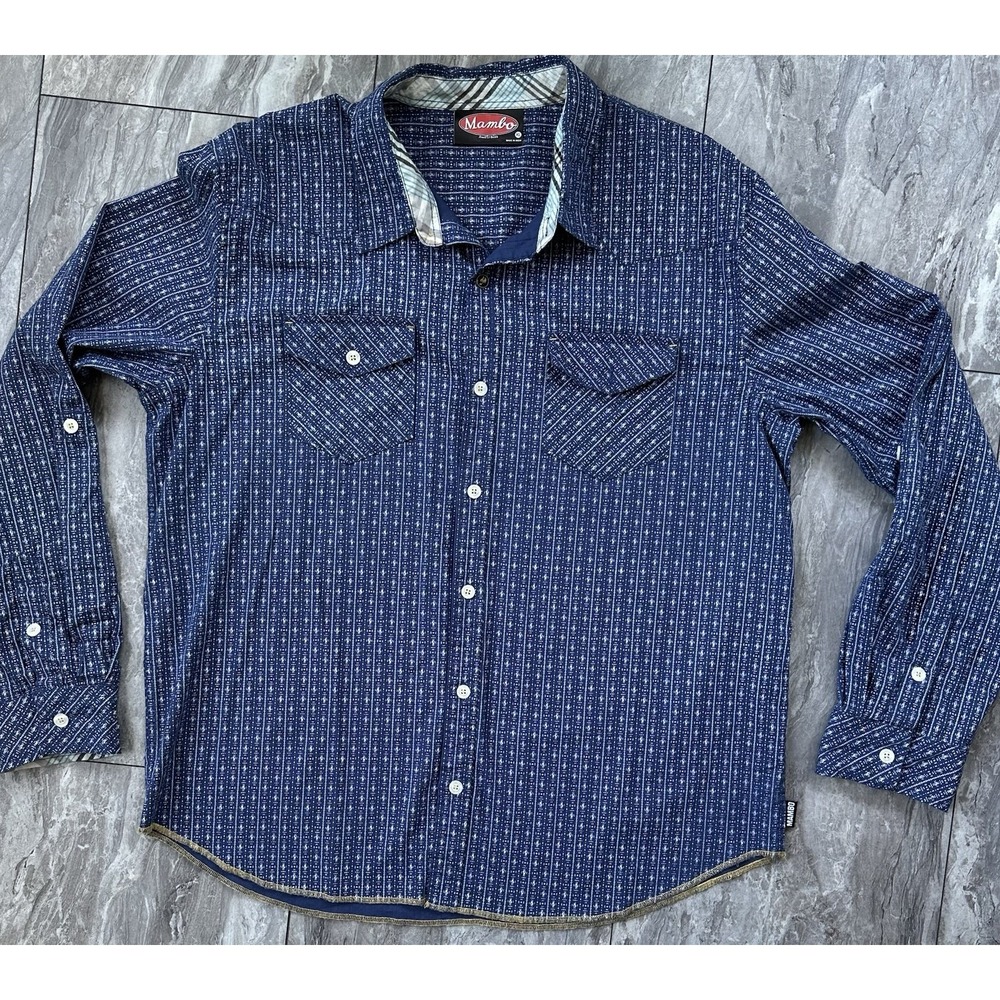 Mambo Australia Men's XL Navy Geometric Shirt Roll Tab Sleeve Double Pocket